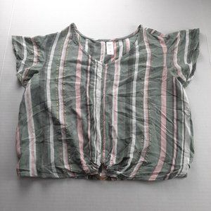 JUSTICE Girls V-Neck Short Sleeve Top Size 12 Green Pink White Gold Stripes Ring